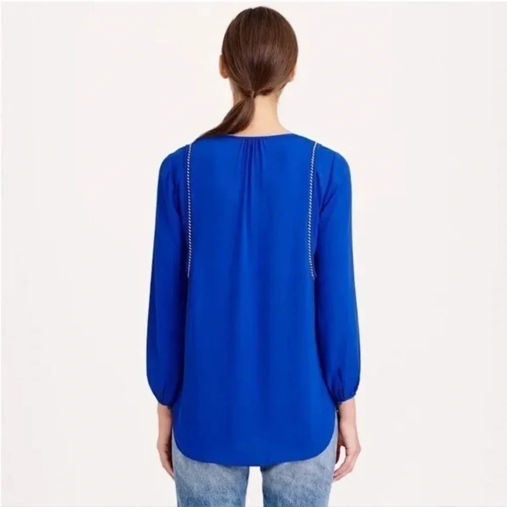 J. Crew Blue Tassel Trim V-Neck Long Sleeve Blouse, Women’s Size 0